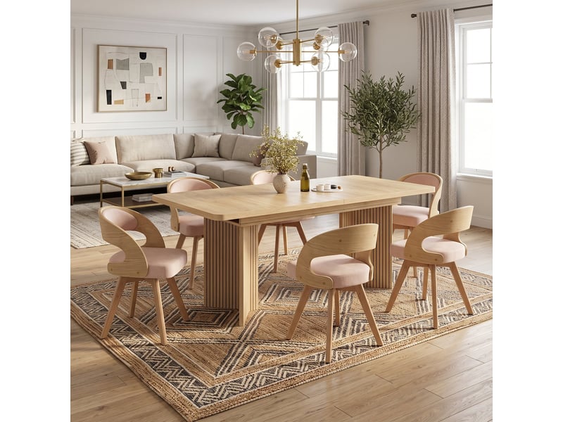  Ensemble table extensible 120–160 cm avec pieds v cannelés + 6 chaises en bois, assises pivotantes et coussins en lin coton  - Conforama D