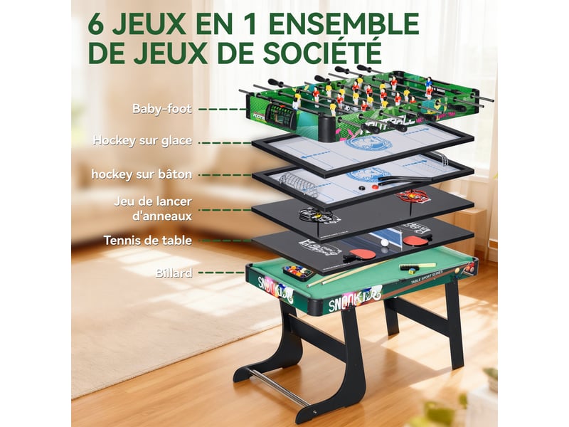  Table multi-jeux 6-en-1, baby-foot, billard, ping-pong, hockey, jeu d'anneaux, 118x104x71cm, multicolore  - Conforama D