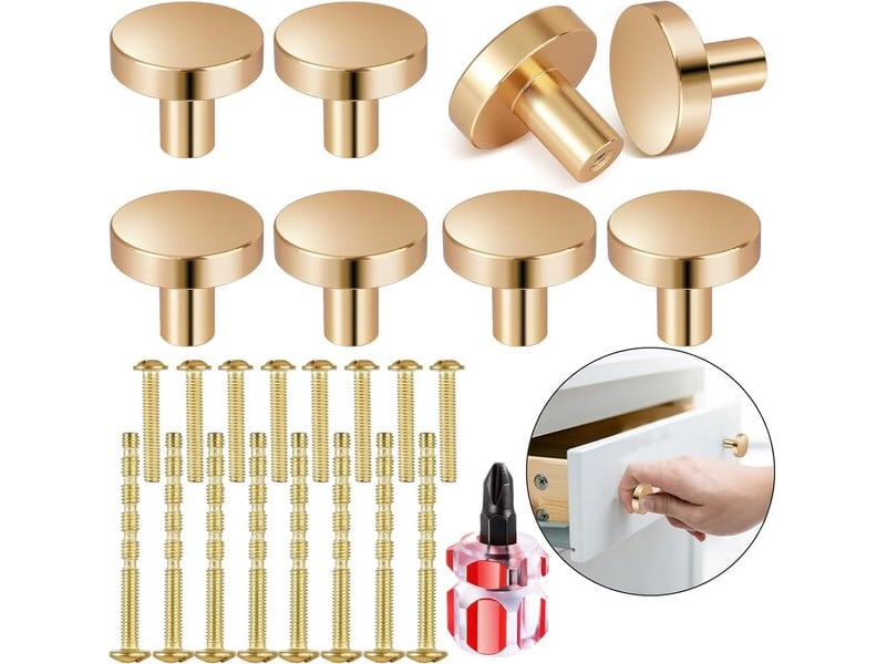  Lot de 8 boutons dorés 25x30 mm, poignées rondes pour meubles avec 16 vis et tournevis  - Conforama A