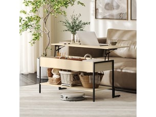 Table basse avec plateau relevable, table de salon avec compartiment caché et étagère ouverte, bois naturel, 95x40x59cm
