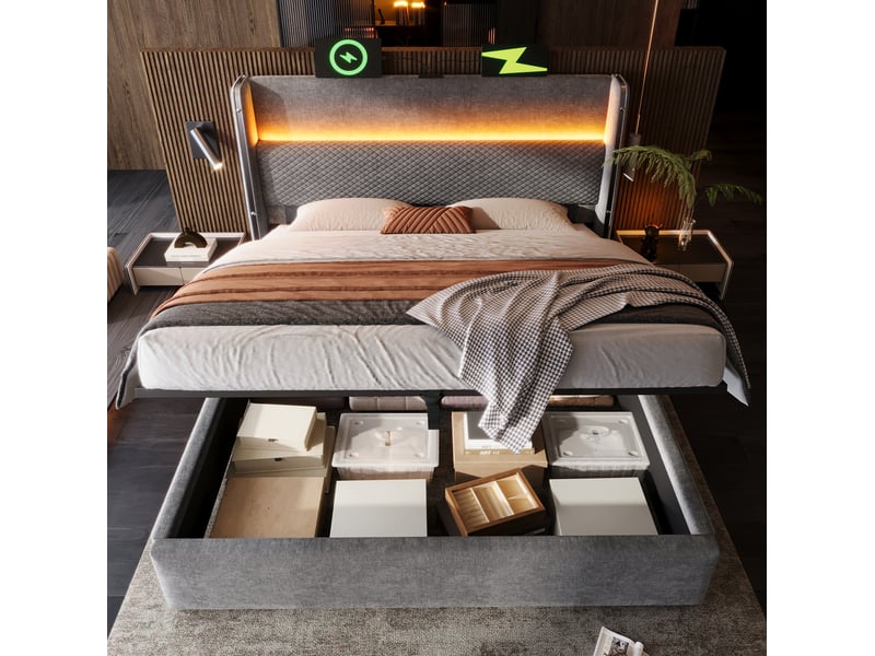  Lit coffre hydraulique 180x200 cm aspect lin avec led, rangement et ports usbtype-c gris chicfurn  - Conforama C