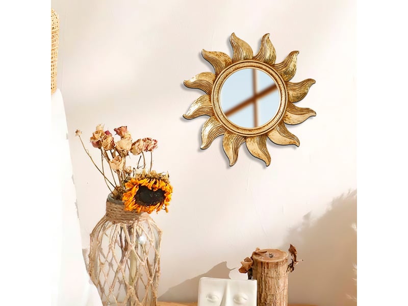  Miroir suspendu tournesol en résine dorée – miroir sculpté de style européen – décoration bohème pour salon ou bureau – 34,9 cm  - Conforama D