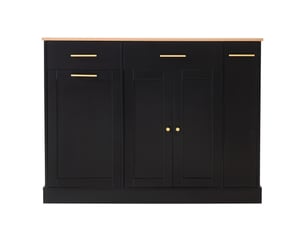 Îlot de cuisine noir et naturel 120 cm, plateau rabattable, 3 tiroirs, poubelle