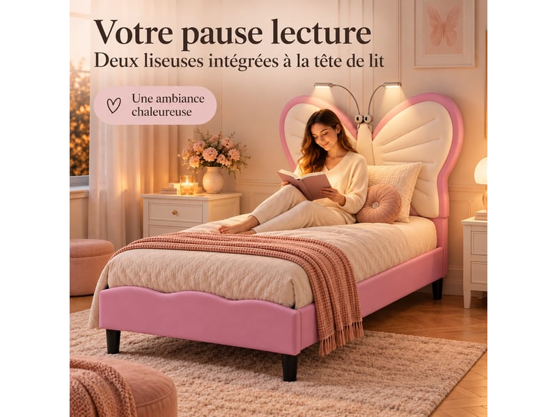  Lit enfant 90x190 cm en velours, lit simple rembourré avec liseuses intégrées, lit princesse papillon pour fille avec sommier à lattes, tête de lit réglable en hauteur, rose  - Conforama E