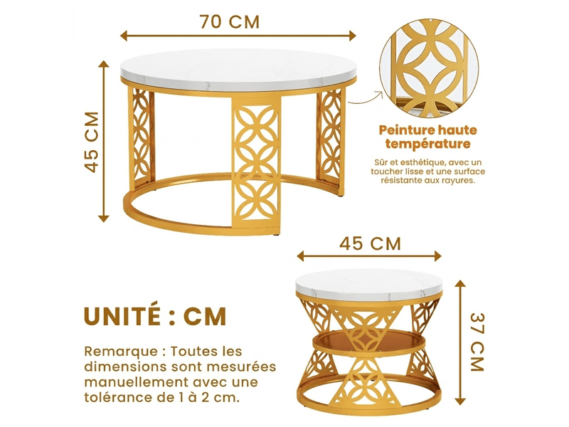  Tables basses en lot de 2 avec pieds réglables et base antidérapante, finition marbrée, en métal, blanc et doré  - Conforama D