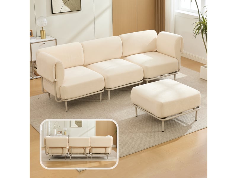  Canapé d’angle modulable 3 places 251x155x78 cm avec pouf mobile, assise en mousse haute densité, tissu chenille beige, style scandinave  - Conforama B
