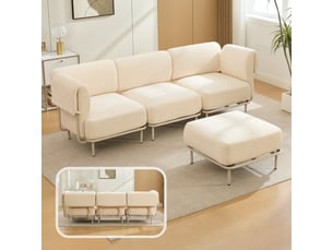 Canapé d’angle modulable 3 places 251x155x78 cm avec pouf mobile, assise en mousse haute densité, tissu chenille beige, style scandinave