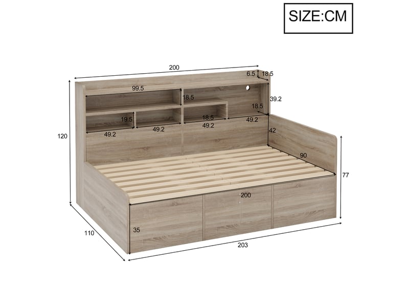  Canapé-lit avec rangement 90 x 200 cm – avec étagères – avec compartiments de rangement – ​​avec éclairage led – naturel (matelas non inclus)  - Conforama C