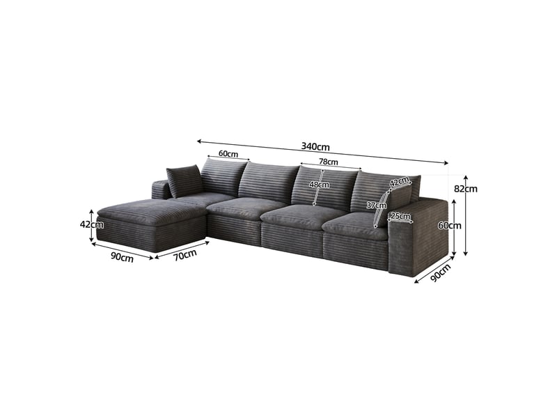Canapé modulaire 4 places sans montage avec rembourrage amovible - soutien intégral en mousse, tissu gris foncé - Conforama C