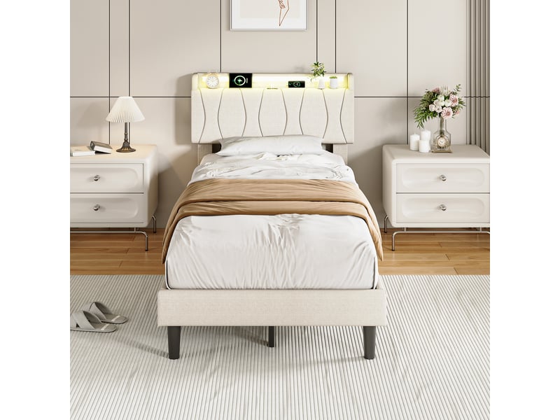  Lit enfant 90x200 cm, lit 1 place avec tête de lit, led, rangement et sommier, port usb et usb-c, lin, beige, sans matelas  - Conforama D