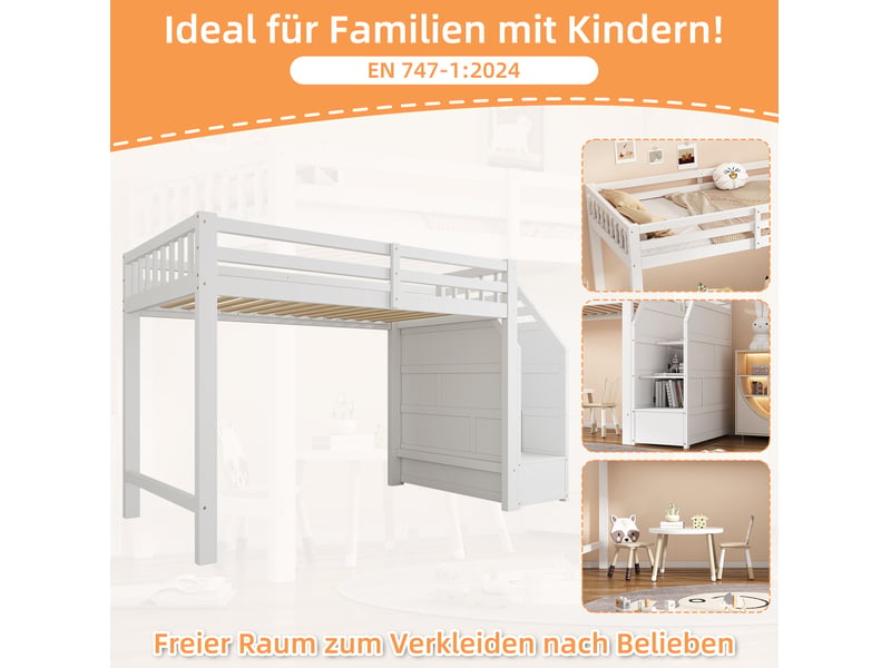  Lit mezzanine 90x200 cm avec garde-corps, escalier de rangement, bois, blanc sans matelas  - Conforama D