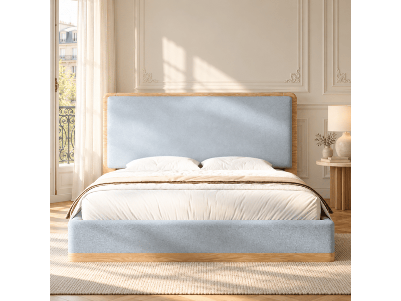  Lit double rembourré 180x200 cm avec tête de lit matelassée, sommier à lattes, revêtement teddy et pu, structure mdf, gris et naturel  - Conforama D