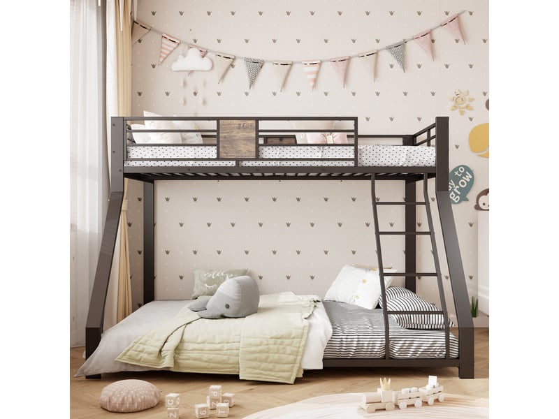  Lit superposé 90x200 et 140x200 cm métal, lit mezzanine familial enfant, échelle réversible, structure silencieuse protection sol - noir  - Conforama C
