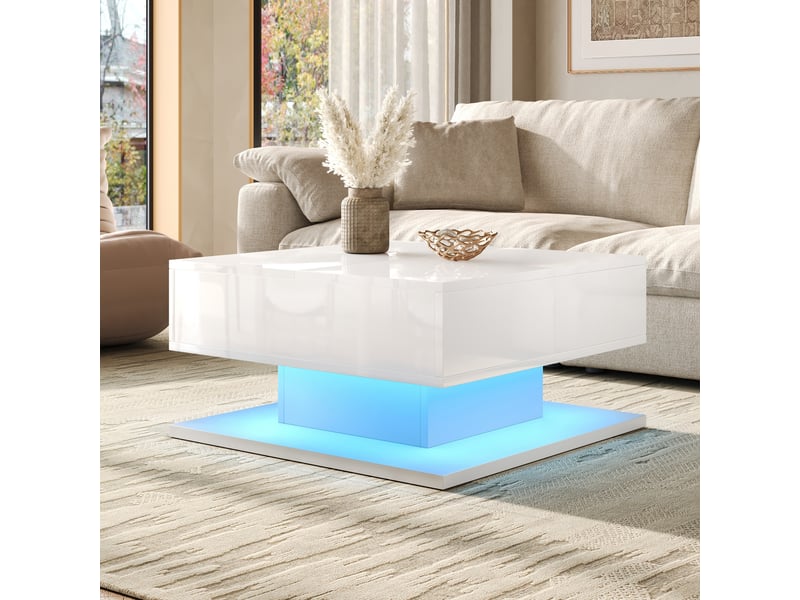 Table basse carrée relevable 72x72cm laquée blanche avec led connectée | plateau double ouverture et 2 tiroirs | charge 60kg - blanc  - Conforama D