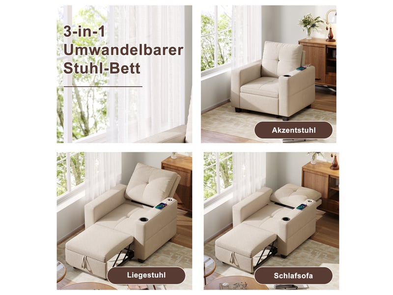  Fauteuil-lit 1 place crème en chenille convertible 3-en-1, dossier 5 positions avec tablette pliable et porte-gobelet  - Conforama D