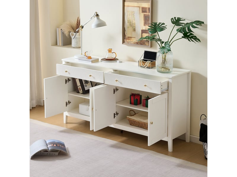  Buffet de salle à manger 160x40x82 cm, sideboard blanc 4 portes 2 tiroirs, meuble de rangement à poignées dorées - blanc  - Conforama E