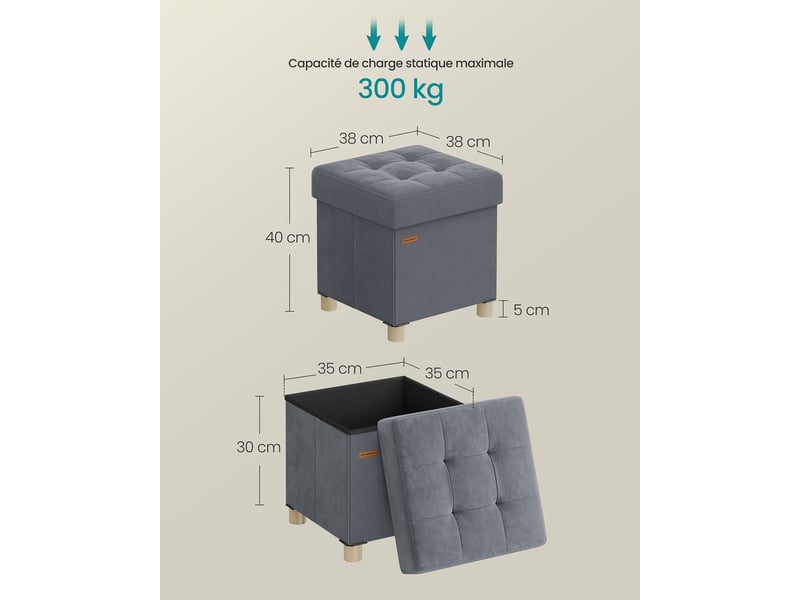  Lot de 1 tabouret de rangement design contemporain 38 x 38 x 40 cm assise confortable en velours gris ardoise 12_0012323  - Conforama B