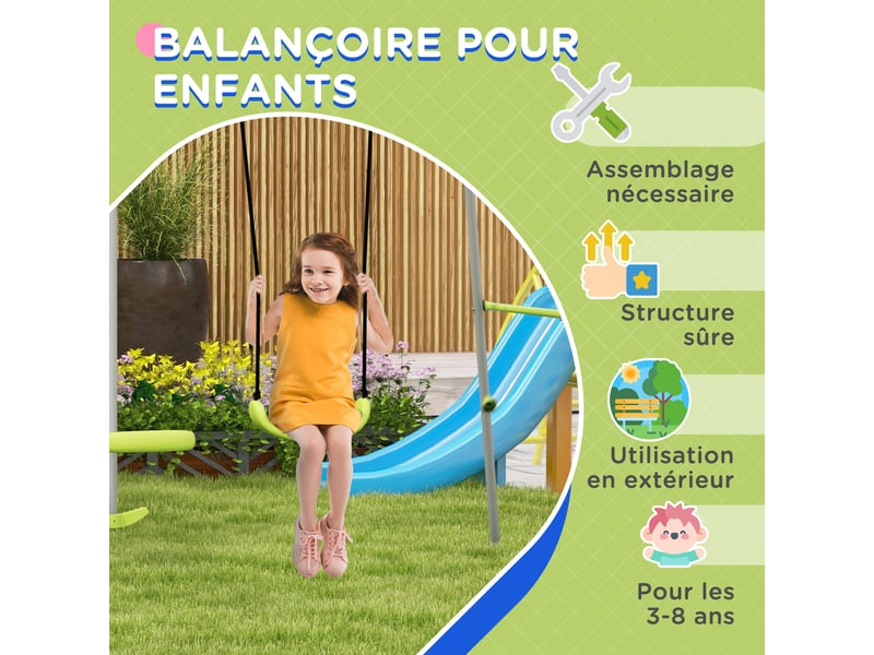  Balançoire 2 agrès portique avec 1 balançoire et face à face 255 x 160 x 180 cm charge max. 135 kg vert gris  - Conforama W