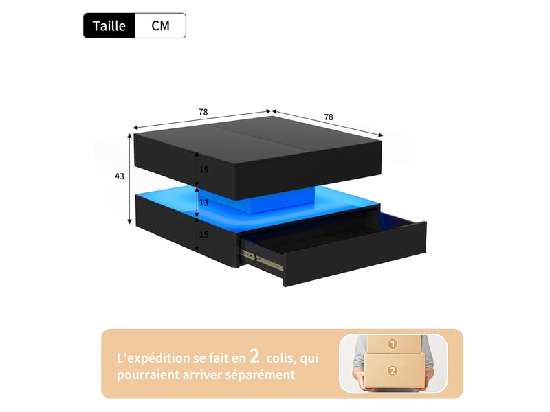  Table basse noire laquée – led rgb –  2 tiroirs push‑open –  design moderne  - Conforama C
