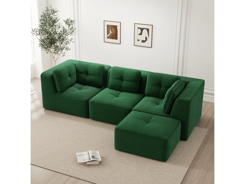 Canapé d’angle gauche vert velours côtelé – ottoman inclus, assise profonde, sans montage - Conforama D