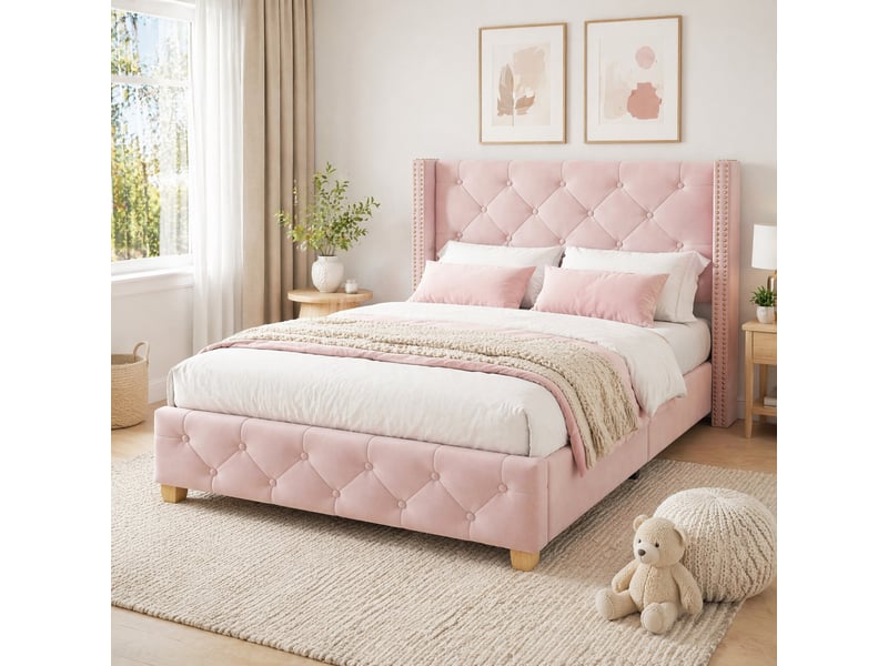  Lit simple 90x200 cm en velours rose avec sommier à lattes et tête de lit  - Conforama D