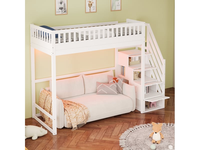  Lit mezzanine 90×200 cm avec rangements, led et échelle réversible, bois, blanc, sans matelas  - Conforama D