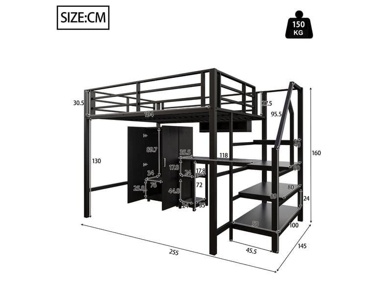  Lit mezzanine noir 140x200 cm avec bureau, armoire, étagères et échelle rangement  - Conforama C