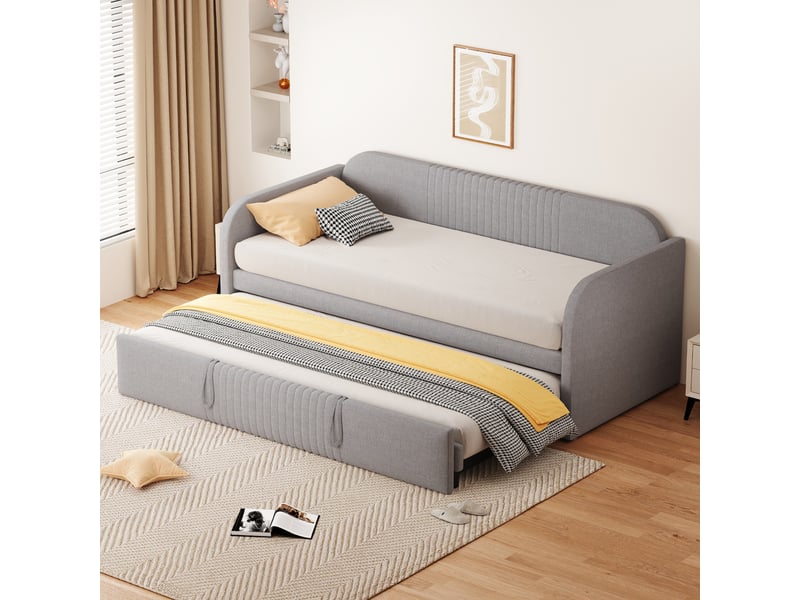  Lit banquette rembourré extensible 90-180x190 cm, canapé-lit avec sommier à lattes, coutures verticales, lin respirant, gris clair Seren Glow - Conforama B