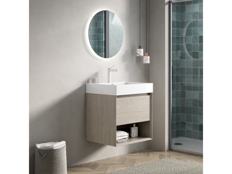  Meuble sous vasque avec 1 tiroir et 1 niche, vasque intégrée en résine, pour salle de bain, en bois, 55×46×60 cm  - Conforama E
