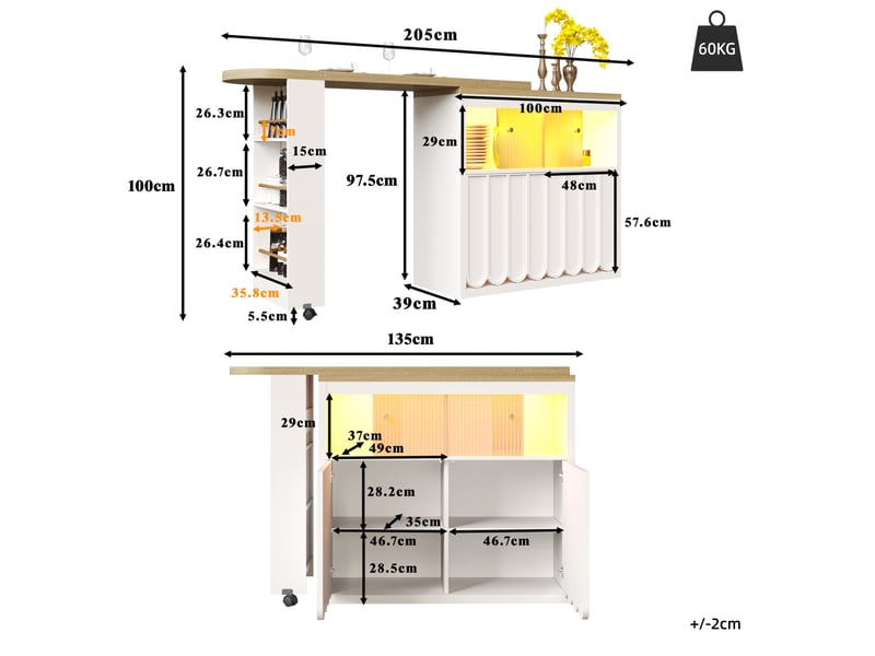  Table de bar extensible 135x205x39x100 cm avec rangement led mdf blanc  - Conforama E