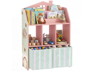 Meuble rangement enfant, bibliothèque enfants avec étagères ouvertes et 2 tiroirs en tissu, mdf, rose