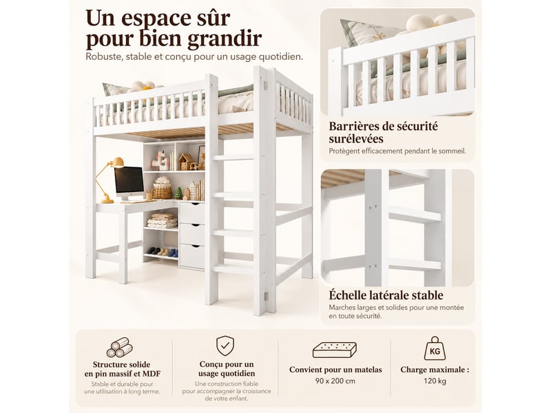 Lit mezzanine enfant 90 x 200 cm en bois avec bureau, étagères, 3 tiroirs, échelle et garde-corps, gain de place, blanc - Conforama B