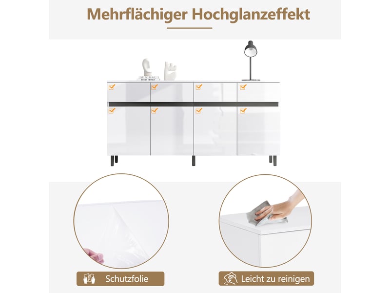  Buffet blanc haut brillant 160x40x68 cm, meuble rangement avec 4 tiroirs et 2 portes à étagères réglables  - Conforama D