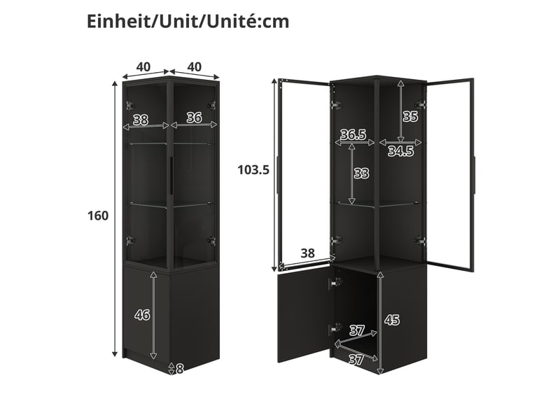 Vitrine d'angle led avec rangements fermés et portes vitrées, en panneau de particules noir, 40 × 40 × 160 cm - Conforama D