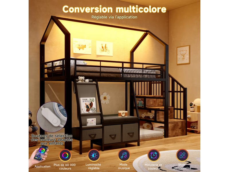  Lit mezzanine 90 x 200 cm – avec étagère de rangement en tissu – avec 3 tiroirs – avec échelle – avec éclairage led – noir (matelas non inclus)  - Conforama W