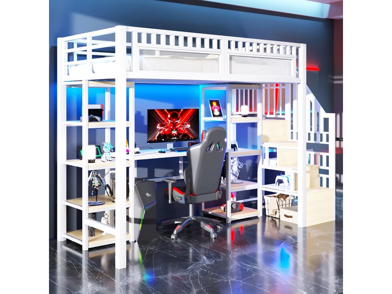 Lit mezzanine 90 x 200 cm avec bureau intégré et rangement, structure en métal et mdf, led et ports usb - Conforama D
