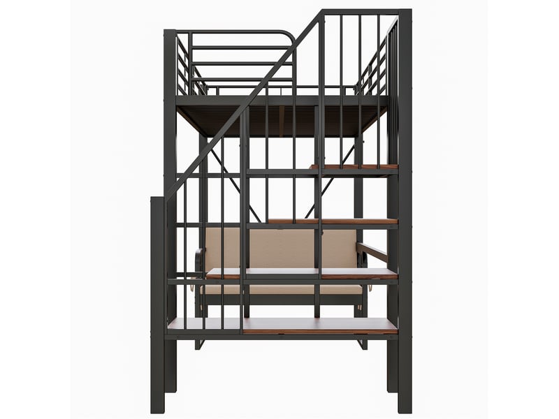  Lit superposé enfant 90x200 cm – noir – escalier de rangement et canapé rembourré amovible, sans matelas  - Conforama E