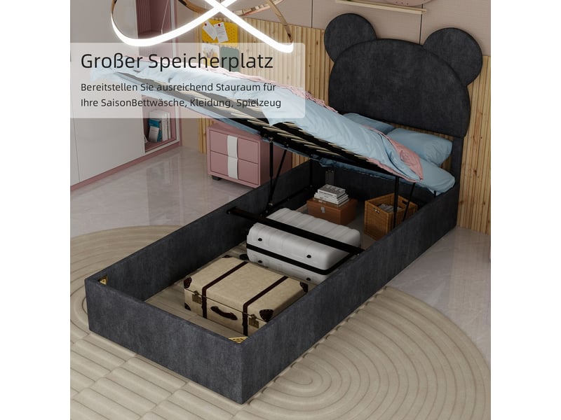  Lit coffre 90x200cm tête de lit ours - lit rembourré - tissu gris, sommier relevable, grand rangement, sans matelas  - Conforama D
