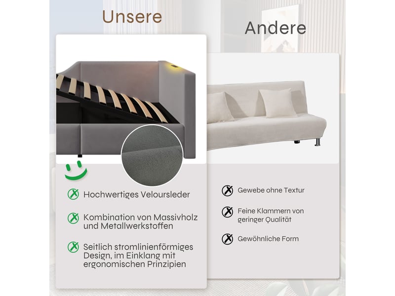  Lit de jour velours gris 90x190 cm lit coffre avec rangement, lampe de lecture et port usb-c  - Conforama R