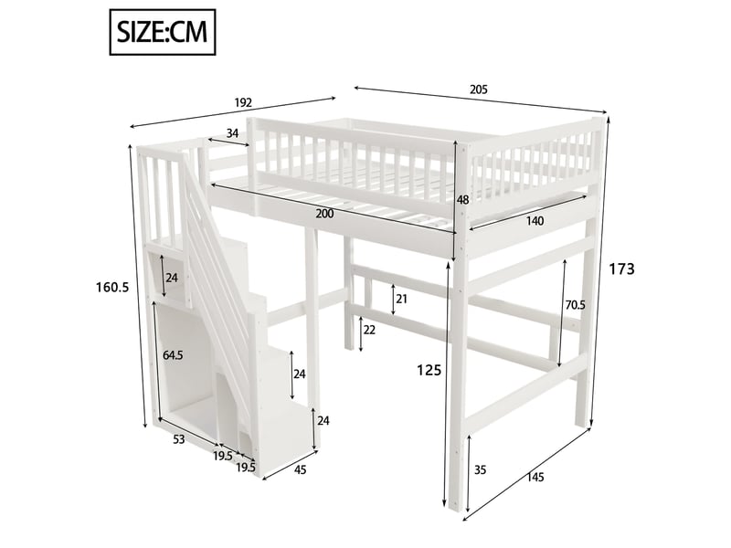  Lit 140x200 cm bois massif blanc avec escalier, rangement et garde-corps - sans matelas  - Conforama C