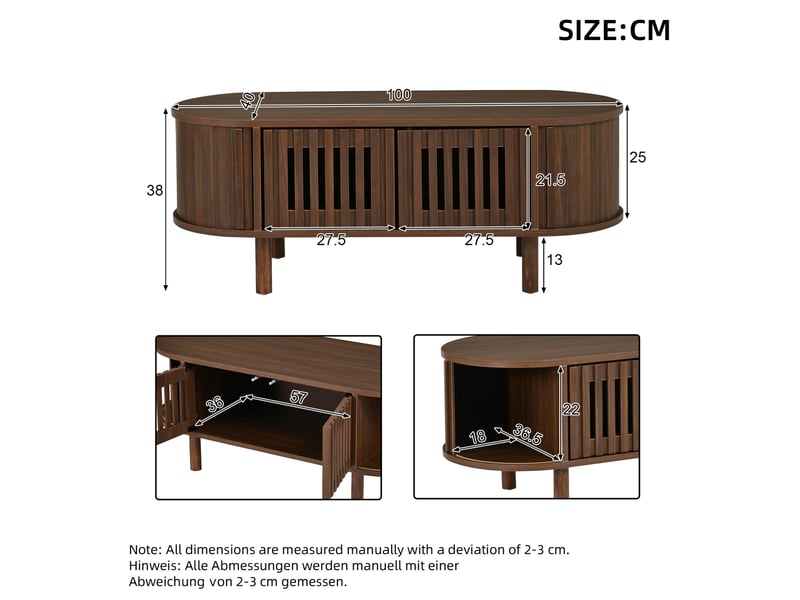  Table basse ovale avec 2 portes à lamelles et porte coulissante, rangement pour salon, en mdf noyer, 100 × 40 × 38 cm  - Conforama D