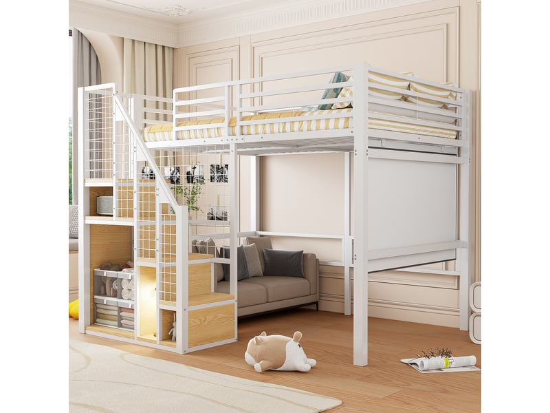 Lit mezzanine 140x200 cm en métal blanc, échelle sécurisée, rangements et espace multifonctionnel - Conforama B