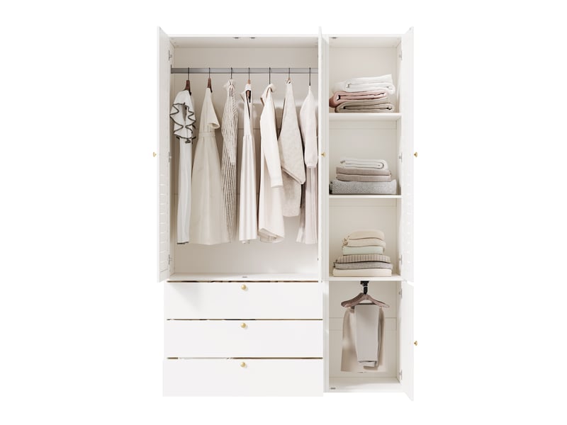  Armoire 3 portes à lamelles avec 3 tiroirs, 2 tringles et porte-pantalons, blanc, 135 × 50 × 200 cm  - Conforama A