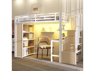 Lit mezzanine 90x200 cm en acier, bureau intégré, étagère, led, escalier avec rangement, blanc, sans matelas