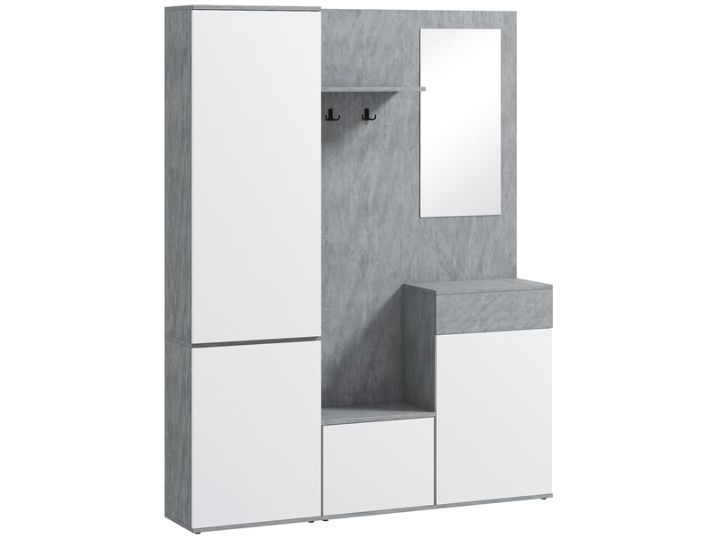  Meuble d'entrée 4 en 1 avec miroir, crochets et étagères intérieures, en bois, 145 x 29 x 184 cm, gris et blanc  - Conforama B
