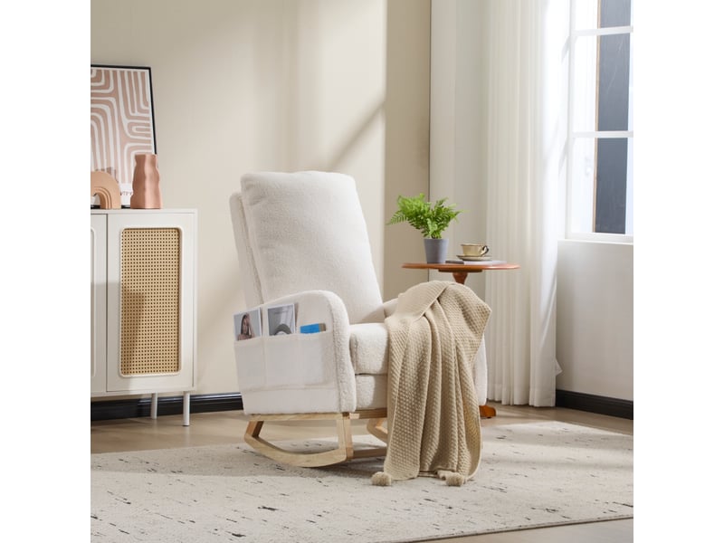 Fauteuil à bascule - 75x63x104 cm - chaise à bascule avec repose-pieds et poches latérales en tissu teddy - blanc - Conforama C
