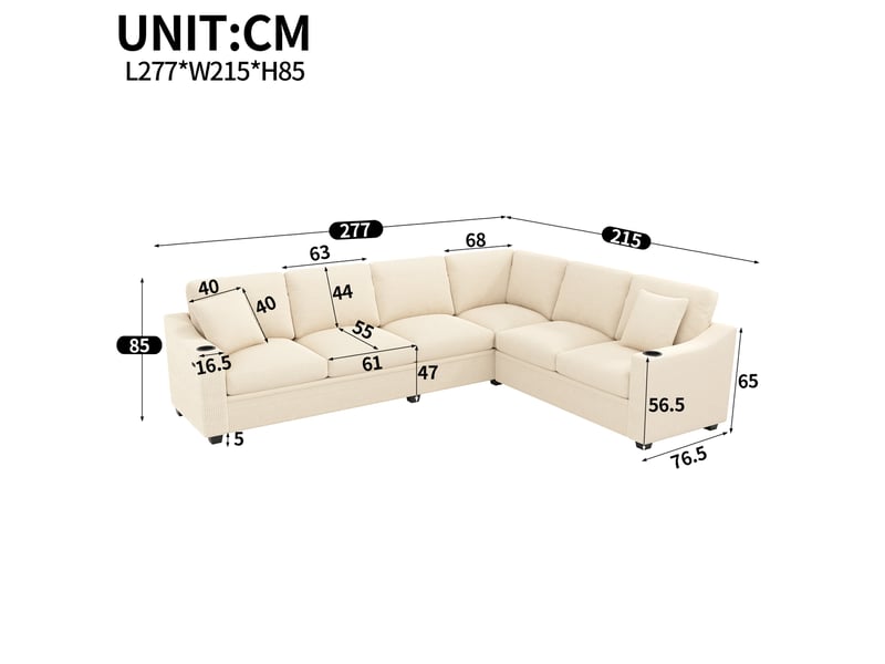  Canapé d'angle modulable 6 places en l, usbtype-c, 2 porte-gobelets, 2 coussins, tissu côtelé beige  - Conforama C