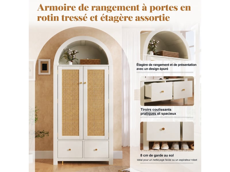  Armoire penderie blanche, cannage en rotin, 2 portes, 2 tiroirs, 78 x 45 x 181 cm  - Conforama E