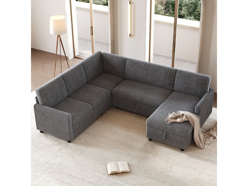 Canapé d'angle convertible en u, grand canapé en velours côtelé gris, lit d'appoint avec méridienne et coffre pour salon, 274x220 cm - Conforama D
