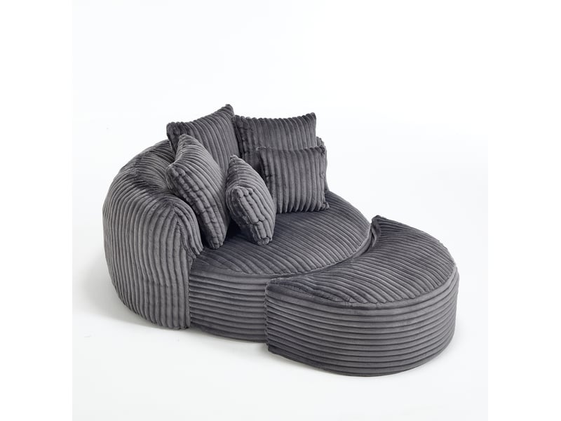 Fauteuil avec pouf rond sans pieds, dossier et accoudoirs avec 5 coussins, pour salon en chenille gris foncé - Conforama A